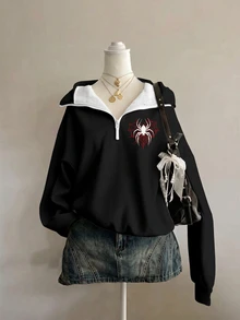 抓絨內裡！青少年女孩復古深色千禧復古哥德蜘蛛網圖案抓絨內裡半拉鍊落肩衛衣，Y2K，韓系風格，秋季穿著，返校季，Grunge，舒適休閒，女孩冬季穿著，嬉皮風格，音樂節，BM，美式復古甜美，街頭風 - 彩色 - 查看 4