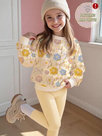 Young Girl Casual Thick Warm Elegant Cute 3D Flower & Bow Pattern Loose Crew Neck Pullover Sweatshirt & Soft Casual Leggings 2-Piece Set, Suitable For Autumn/Winter Daily, Fall Vibes, Fashion Winter, Halloween, Outdoor, Wedding Season, Back To School