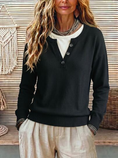 Zayélia Women Cream White Button V-Neck Knit Top, Brushed Loose Casual Basic Retro Pullover Sweatshirt Everyday Travel Black White Autumn Travel Brunch Picnic