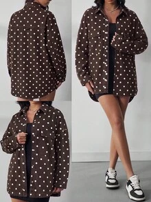 Flexra Women's Fashion Street Polka Dot Print Single-Breasted Denim Jacket - Brown - View 1