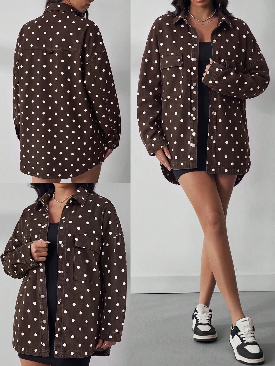 Flexra Women's Fashion Street Polka Dot Print Single-Breasted Denim Jacket - Brown - View 1