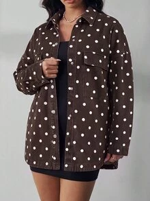 Flexra Women's Fashion Street Polka Dot Print Single-Breasted Denim Jacket - Brown - View 6