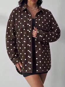 Flexra Women's Fashion Street Polka Dot Print Single-Breasted Denim Jacket - Brown - View 2
