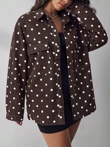Flexra Women's Fashion Street Polka Dot Print Single-Breasted Denim Jacket - Brown - View 5