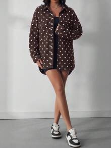 Flexra Women's Fashion Street Polka Dot Print Single-Breasted Denim Jacket - Brown - View 4