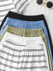 SHEIN 10件/套 男童素色多色針織圓領短袖T恤與短褲套裝，柔軟舒適，適合外出穿著 - 彩色 - 查看 5