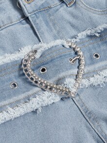 ROMWE Grunge Punk Women's Low Waist Flared Jeans With Rhinestone Heart Ring Decoration, Frayed Hem And Trim, School - Baby Blue - View 4