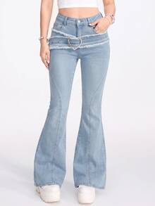 ROMWE Grunge Punk Women's Low Waist Flared Jeans With Rhinestone Heart Ring Decoration, Frayed Hem And Trim, School - Baby Blue - View 3
