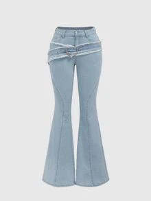 ROMWE Grunge Punk Women's Low Waist Flared Jeans With Rhinestone Heart Ring Decoration, Frayed Hem And Trim, School - Baby Blue - View 1