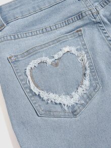 ROMWE Grunge Punk Women's Low Waist Flared Jeans With Rhinestone Heart Ring Decoration, Frayed Hem And Trim, School - Baby Blue - View 5