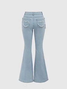 ROMWE Grunge Punk Women's Low Waist Flared Jeans With Rhinestone Heart Ring Decoration, Frayed Hem And Trim, School - Baby Blue - View 2
