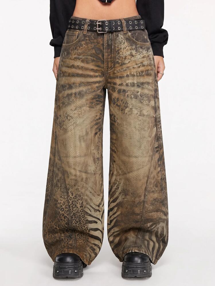 ROMWE Hippie Y2K Chic Leopard Print Casual Relaxed Fit Low Waist Distressed Wide Leg Jeans For Women - Coffee Brown - View 3