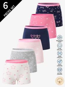 6pcs Girls' Leopard Print, Heart, Bow, Star Pattern Cotton Briefs Boxers For Teen Girls  Backto SchoolFashion Fall Winter - Multicolor - View 1