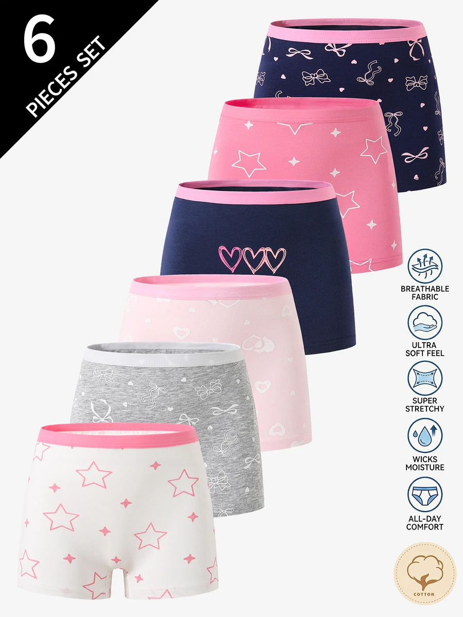 6pcs Girls' Leopard Print, Heart, Bow, Star Pattern Cotton Briefs Boxers For Teen Girls Backto SchoolFashion Fall Winter - Multicolor - View 1