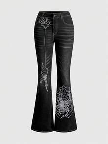 ROMWE J-Fashion Silver Spider Embroidery Retro Sexy Women's Jeans - Grey - View 1