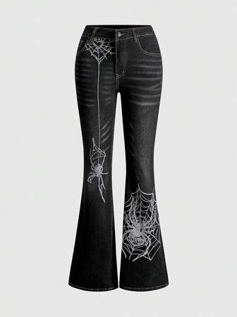 J-Fashion Jeans da donna retrò e sexy con ricamo di ragno in argento