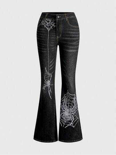J-Fashion Silver Spider Embroidery Retro Sexy Women's Jeans