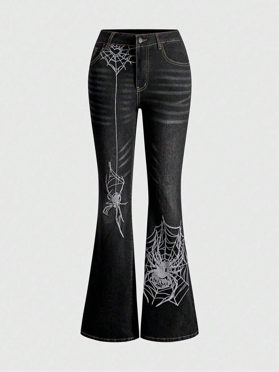 ROMWE J-Fashion Silver Spider Embroidery Retro Sexy Women's Jeans - Grey - View 1