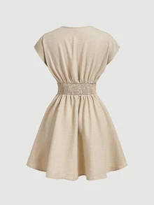 SHEIN MOD Women's V-Neck Cap Sleeve Apricot Short Dress Elegant - Khaki - View 5