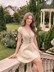 SHEIN MOD Women's V-Neck Cap Sleeve Apricot Short Dress Elegant - Khaki - View 4