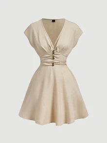 SHEIN MOD Women's V-Neck Cap Sleeve Apricot Short Dress Elegant - Khaki - View 3