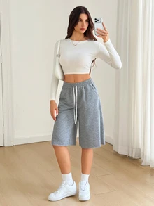 SHEIN Tall Celana Pendek Wanita Kasual Serbaguna untuk Sehari-hari dengan Tali Serut dan Kantong di Pinggang - Grey - View 7
