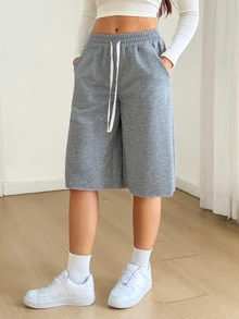 SHEIN Tall Celana Pendek Wanita Kasual Serbaguna untuk Sehari-hari dengan Tali Serut dan Kantong di Pinggang - Grey - View 8