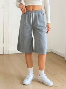 SHEIN Tall Celana Pendek Wanita Kasual Serbaguna untuk Sehari-hari dengan Tali Serut dan Kantong di Pinggang - Grey - View 6