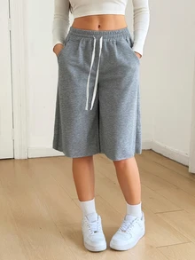 SHEIN Tall Celana Pendek Wanita Kasual Serbaguna untuk Sehari-hari dengan Tali Serut dan Kantong di Pinggang - Grey - View 9
