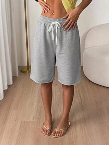SHEIN Tall Celana Pendek Wanita Kasual Serbaguna untuk Sehari-hari dengan Tali Serut dan Kantong di Pinggang - Grey - View 3