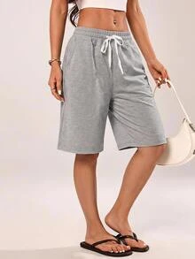 SHEIN Tall Celana Pendek Wanita Kasual Serbaguna untuk Sehari-hari dengan Tali Serut dan Kantong di Pinggang - Grey - View 4