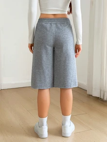 SHEIN Tall Celana Pendek Wanita Kasual Serbaguna untuk Sehari-hari dengan Tali Serut dan Kantong di Pinggang - Grey - View 2