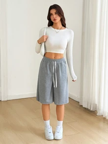 SHEIN Tall Celana Pendek Wanita Kasual Serbaguna untuk Sehari-hari dengan Tali Serut dan Kantong di Pinggang - Grey - View 5
