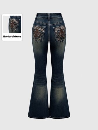 Grunge Punk Floral & Alphabet Embroidery Women's Flare Casual Jeans, School
