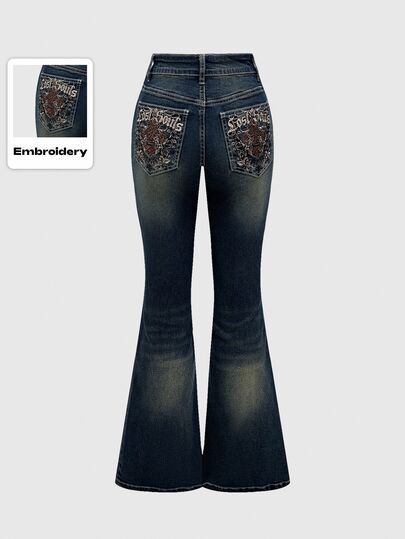 Grunge Punk Floral & Alphabet Embroidery Women's Flare Casual Jeans, School