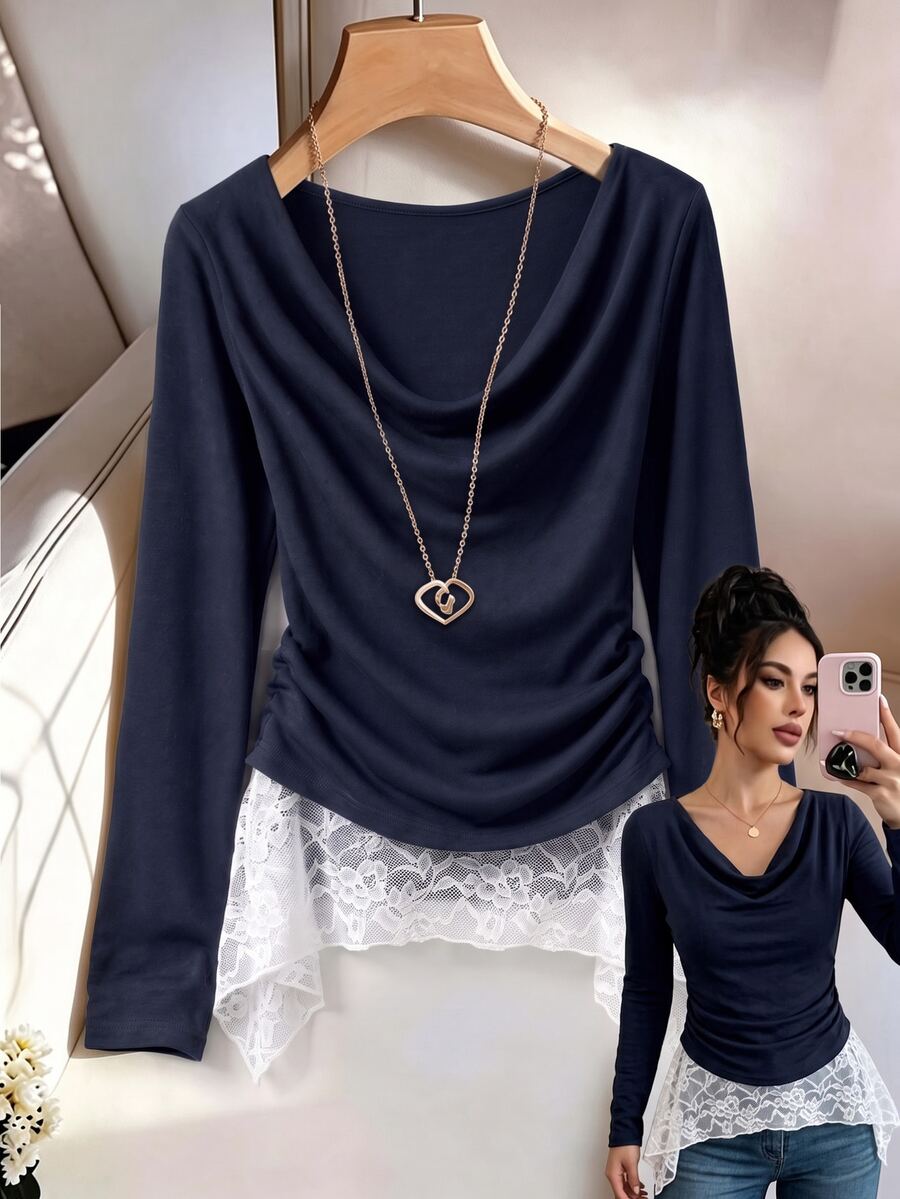 SHEIN LUNE Women Draped Cowl Neck Long Sleeve T-Shirt, Ruched Waist Top With Navy Blue And White Lace Hem, Solid Elegant Romantic Fall Everyday Date - Multicolor - View 1