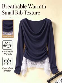 SHEIN LUNE Women Draped Cowl Neck Long Sleeve T-Shirt, Ruched Waist Top With Navy Blue And White Lace Hem, Solid Elegant Romantic Fall Everyday Date - Multicolor - View 5
