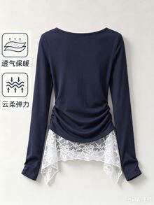 SHEIN LUNE Women Draped Cowl Neck Long Sleeve T-Shirt, Ruched Waist Top With Navy Blue And White Lace Hem, Solid Elegant Romantic Fall Everyday Date - Multicolor - View 2