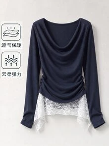 SHEIN LUNE Women Draped Cowl Neck Long Sleeve T-Shirt, Ruched Waist Top With Navy Blue And White Lace Hem, Solid Elegant Romantic Fall Everyday Date - Multicolor - View 3