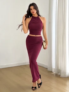 SHEIN Tall Setelan Dua Potong untuk Wanita Tinggi: Atasan Tanpa Lengan Kerah Tinggi Warna Ungu & Rok Rajut Pinggang Rendah hingga Sedang. - Red Violet - View 8
