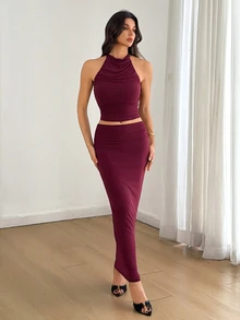 SHEIN Tall Setelan Dua Potong untuk Wanita Tinggi: Atasan Tanpa Lengan Kerah Tinggi Warna Ungu & Rok Rajut Pinggang Rendah hingga Sedang. - Red Violet - View 6