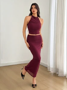 SHEIN Tall Setelan Dua Potong untuk Wanita Tinggi: Atasan Tanpa Lengan Kerah Tinggi Warna Ungu & Rok Rajut Pinggang Rendah hingga Sedang. - Red Violet - View 10