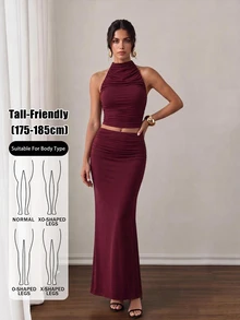 SHEIN Tall Setelan Dua Potong untuk Wanita Tinggi: Atasan Tanpa Lengan Kerah Tinggi Warna Ungu & Rok Rajut Pinggang Rendah hingga Sedang. - Red Violet - View 4