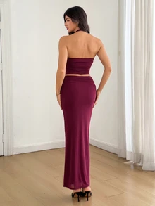 SHEIN Tall Setelan Dua Potong untuk Wanita Tinggi: Atasan Tanpa Lengan Kerah Tinggi Warna Ungu & Rok Rajut Pinggang Rendah hingga Sedang. - Red Violet - View 2
