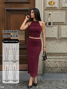 SHEIN Tall Setelan Dua Potong untuk Wanita Tinggi: Atasan Tanpa Lengan Kerah Tinggi Warna Ungu & Rok Rajut Pinggang Rendah hingga Sedang. - Red Violet - View 1