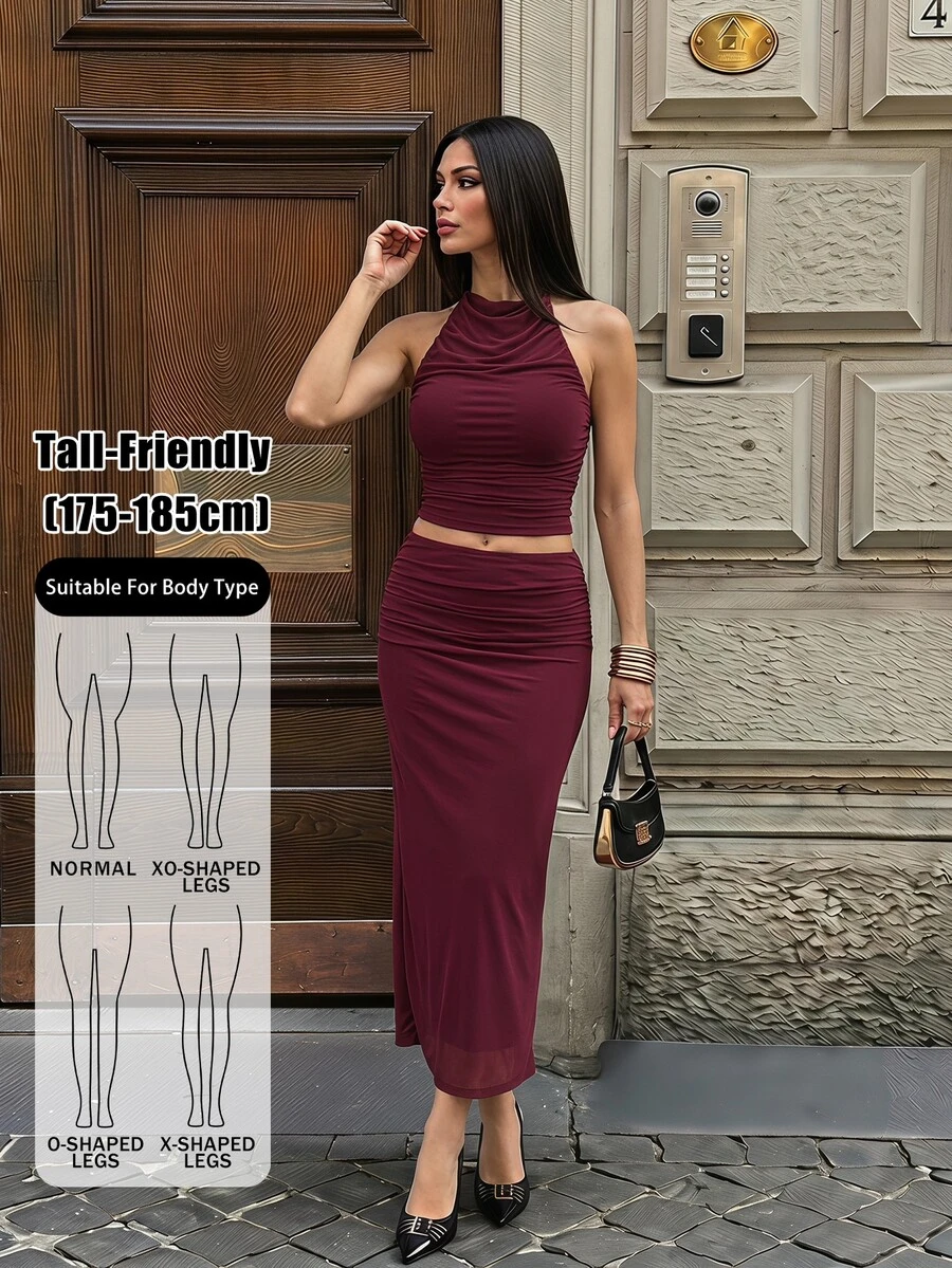 SHEIN Tall Setelan Dua Potong untuk Wanita Tinggi: Atasan Tanpa Lengan Kerah Tinggi Warna Ungu & Rok Rajut Pinggang Rendah hingga Sedang. - Red Violet - View 1