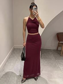 SHEIN Tall Setelan Dua Potong untuk Wanita Tinggi: Atasan Tanpa Lengan Kerah Tinggi Warna Ungu & Rok Rajut Pinggang Rendah hingga Sedang. - Red Violet - View 9