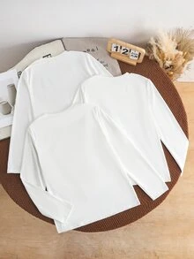 3pcs/Set Boys' Fashionable Comfortable Knit Fabric Pure White Long Sleeve Crew Neck T-Shirt, Fashionable Fit, Autumn New Style, School Basic Casual - Black and White - View 2