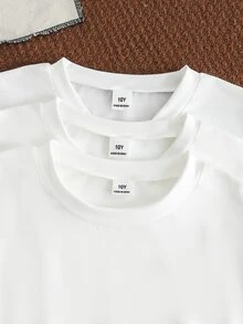 3pcs/Set Boys' Fashionable Comfortable Knit Fabric Pure White Long Sleeve Crew Neck T-Shirt, Fashionable Fit, Autumn New Style, School Basic Casual - Black and White - View 3