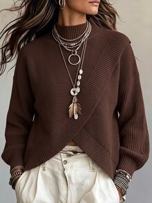 SHEIN 女款純色立領休閒百搭日常穿著長袖針織衫 - 咖啡棕 - 查看 2
